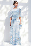 Vestido largo de madre de la novia, con escote bateau azul floral y gasa,