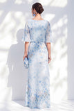 Vestido largo de madre de la novia, con escote bateau azul floral y gasa,