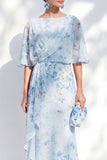 Vestido largo de madre de la novia, con escote bateau azul floral y gasa,