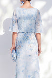 Vestido largo de madre de la novia, con escote bateau azul floral y gasa,