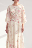 Vestido largo de madre de la novia con escote largo de albaricoque y albaricoque, con manga media