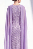 Vestido largo de madre de la novia con cuello halter morado morado sirena y capa