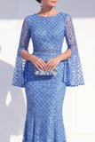 Vestido largo de madre de la novia azul sirena, cuello redondo, con cuentas y mangas largas