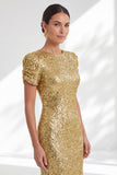 Sirena brillante, lentejuelas doradas de cuello redondo, largo vestido de madre de novia