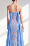Vestido largo de madre de la novia con capa azul sirena brillante