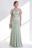 Vestido largo de madre de la novia con cuello redondo de sirena lila y faja