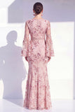 Vestido largo de madre de la novia sirena de cuello redondo con cuello redondo y manga larga