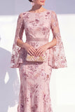 Vestido largo de madre de la novia sirena de cuello redondo con cuello redondo y manga larga