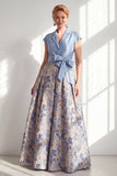 Vestido largo de madre de la novia, escote en V y escote en V azul marino, con lazo