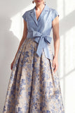 Vestido largo de madre de la novia, escote en V y escote en V azul marino, con lazo