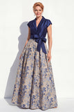Vestido largo de madre de la novia, escote en V y escote en V azul marino, con lazo