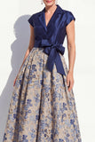 Vestido largo de madre de la novia, escote en V y escote en V azul marino, con lazo