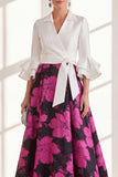 Vestido largo de Madre de la Novia con flor fucsia fucsia de escote en V y volantes