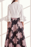 Vestido largo de Madre de la Novia con flor fucsia fucsia de escote en V y volantes