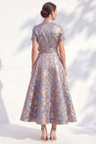 Vestido de Madre de la Novia Color Midi Color A-Line Blue Golden Flower Neck, cuello en V
