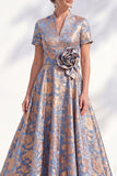 Vestido de Madre de la Novia Color Midi Color A-Line Blue Golden Flower Neck, cuello en V