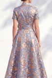 Vestido de Madre de la Novia Color Midi Color A-Line Blue Golden Flower Neck, cuello en V