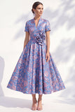 Vestido de Madre de la Novia Color Midi Color A-Line Blue Golden Flower Neck, cuello en V