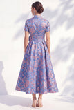 Vestido de Madre de la Novia Color Midi Color A-Line Blue Golden Flower Neck, cuello en V