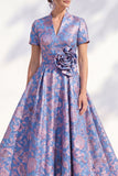 Vestido de Madre de la Novia Color Midi Color A-Line Blue Golden Flower Neck, cuello en V