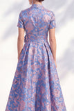 Vestido de Madre de la Novia Color Midi Color A-Line Blue Golden Flower Neck, cuello en V