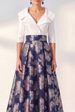Vestido largo de madre de la novia azul marino azul marino A-Line con mangas 3/4