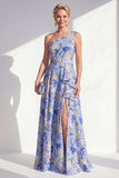 Vestido largo de madre de la novia azul azul con volantes y abertura