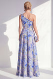 Vestido largo de madre de la novia azul azul con volantes y abertura