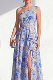 Vestido largo de madre de la novia azul azul con volantes y abertura