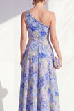 Vestido largo de madre de la novia azul azul con volantes y abertura