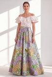 Vestido largo de Madre de la novia con volantes y flor rosa azul, en línea de A, en el hombro