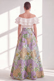 Vestido largo de Madre de la novia con volantes y flor rosa azul, en línea de A, en el hombro