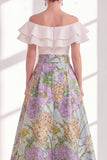 Vestido largo de Madre de la novia con volantes y flor rosa azul, en línea de A, en el hombro