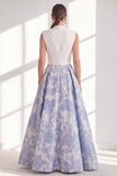 Vestido azul de Madre de la novia largo de escote en V con lazo
