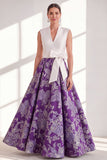 Vestido azul de Madre de la novia largo de escote en V con lazo