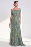 Vestido largo de madre de la novia, vestido largo de funda verde y funda verde con faja