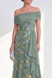 Vestido largo de madre de la novia, vestido largo de funda verde y funda verde con faja