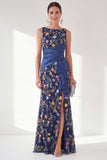 Vestido largo de madre de la novia con cuello de sirena marino y bata con cuello largo y abertura
