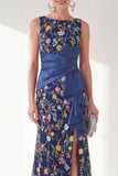 Vestido largo de madre de la novia con cuello de sirena marino y bata con cuello largo y abertura