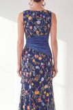 Vestido largo de madre de la novia con cuello de sirena marino y bata con cuello largo y abertura