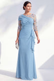 Vestido largo de madre de la novia con escote bateau de sirena verde con escote de gasa