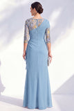 Vestido largo de madre de la novia con escote bateau de sirena verde con escote de gasa