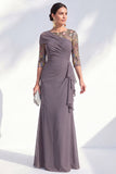 Vestido largo de madre de la novia con escote bateau de sirena verde con escote de gasa