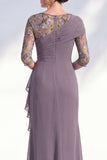 Vestido largo de madre de la novia con escote bateau de sirena verde con escote de gasa