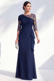 Vestido largo de madre de la novia con escote bateau de sirena verde con escote de gasa