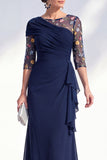 Vestido largo de madre de la novia con escote bateau de sirena verde con escote de gasa
