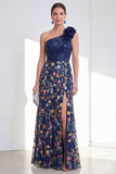 Vestido largo de Madre de la novia brillante azul marino azul marino de un hombro con lentejuelas florales y abertura