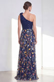 Vestido largo de Madre de la novia brillante azul marino azul marino de un hombro con lentejuelas florales y abertura