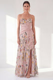 Vestido azul A-Line Floral Largo de Madre de la Novia con abertura