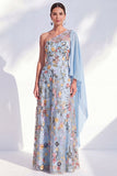 Vestido azul de A-Line de un solo hombro floral largo de madre de la novia con capa lateral